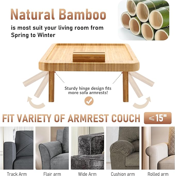 SINWANT Couch Arm Tray Table, Large Bamboo Couch Armrest Table with Phone Holder,Foldable Sofa Armrest Tray for Eating Snacks Drinks Remote Books Arm Chair