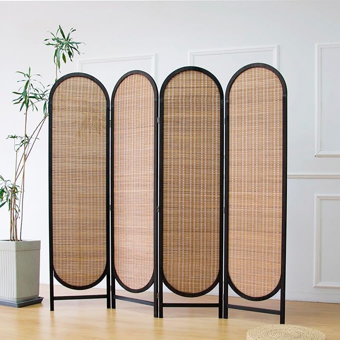 4 Panel Room Divider Screen and Folding Panel Divider in Arch Shape,Double Sided Bamboo Panel Screen for Room Separation,Brown,70.9" H x 70.9" W