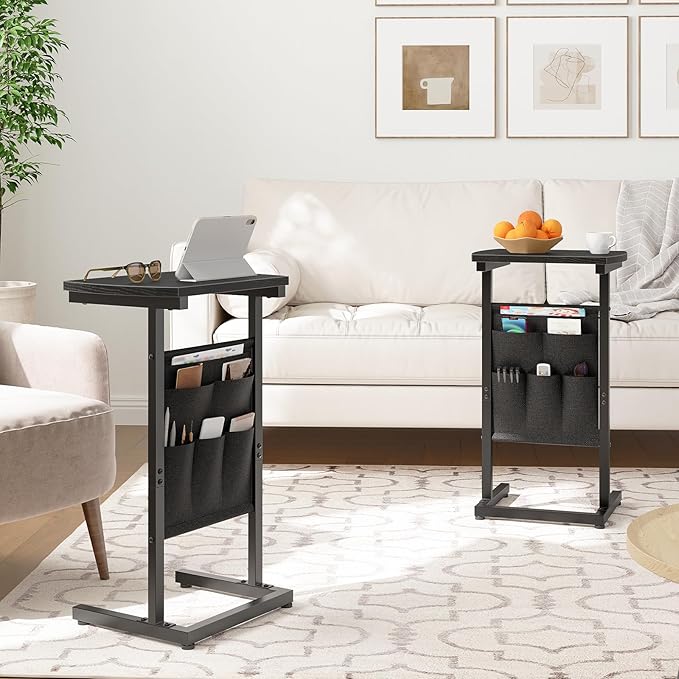 HOOBRO C Shaped End Table Set of 2, Small Side Table for Couch with Storage Bag, Slide Under Sofa, TV Tray for Small Place, Sturdy Frame, Living Room, Bedroom, Black BB40SFP201
