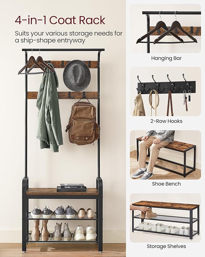 VASAGLE 6-Tier Bookshelf, Tall Display Shelf, Freestanding Storage Shelf, Rustic Brown ULBC61BX Coat Rack, Hall Tree with Shoe Bench for Entryway, Rustic Brown and Black UHSR40B