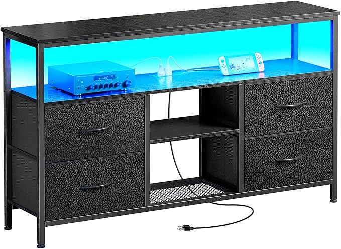 Huuger 47 Inch TV Stand Dresser with Power Outlets and LED Lights, 4 Drawers Entertainment Center with Open Shelf, Media Console for 55 50 Inch TV, Dresser with PU Finish, Black