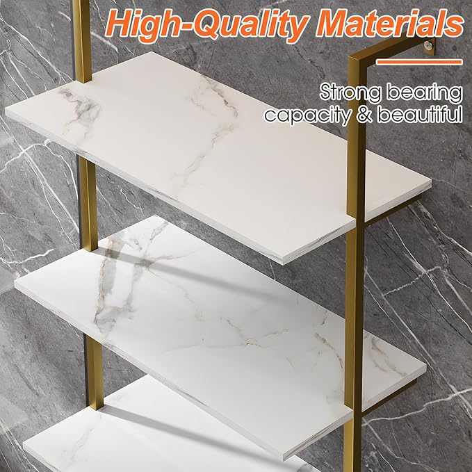 5 Tiers Ladder Shelf White Marble Modern Bookshelf Open Tall Wall Mount Bookcase Standing Leaning Wall Shelves Industrial Decorative