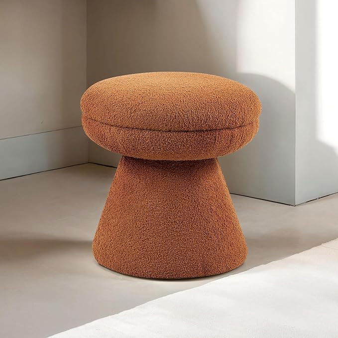 Furniture of America Rami Modern 18-inch Mushroom-Shape Upholstered Ottoman with Tapered Pedestal, Vanity Stool Chair, Small Foot Stool for Bedroom, Living Room, Entryway, Saddle Brown