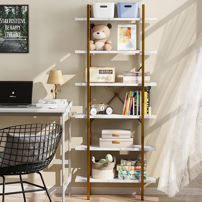 6 Tiers Bookshelf Organizer White Faux Marble Shelf,Modern Open Display Storage Bookcase, and Metal Bookshelf Standing Storage Shelf Tall Shelving Units for Home Office Study