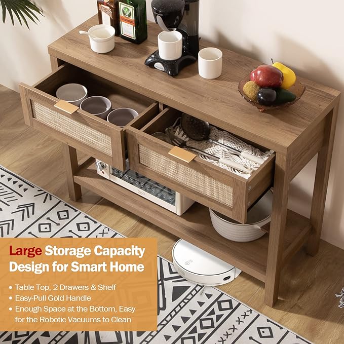 SICOTAS Console Table with Rattan Drawers - Boho Rattan Entryway Table with Storage, Small Console Tables for Entryway, Entry Tables for Hallway