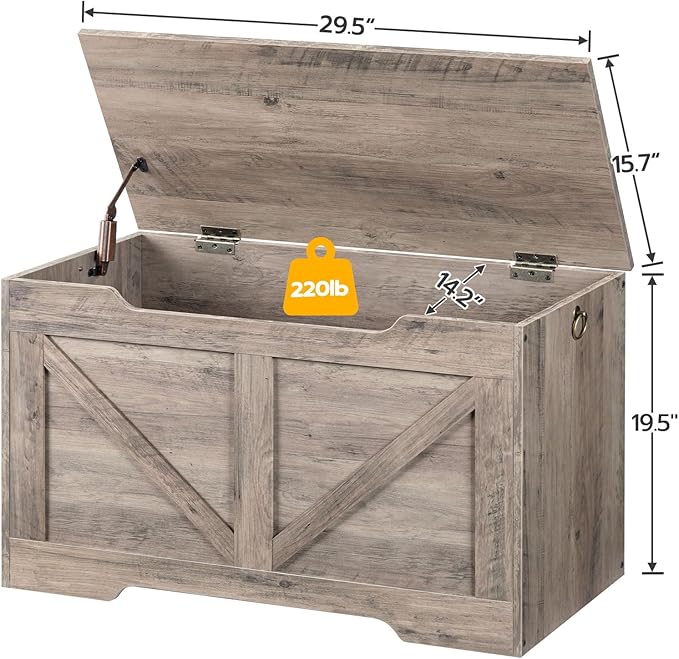 HOOBRO Storage Bench, 29.5” Retro Wooden Storage Chest with U-Shaped Cut-Out Pull, Safety Hinge, Supports 220 lb and Easy Assembly for Toy Box Organizer (Greige) BG77CW01