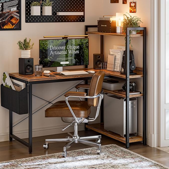 47 Inch L Shaped Computer Desk with Reversible Storage Shelves, Home Office Corner Desk Study Writing Table with Hutch, Study, Rustic Brown