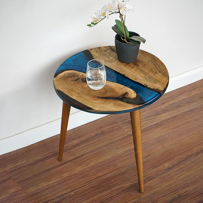 20" Resin Walnut Round Side Table | Epoxy End Table | Coffee Table | Mid Century Modern Resin Walnut | Living Room Furniture | Blue Color