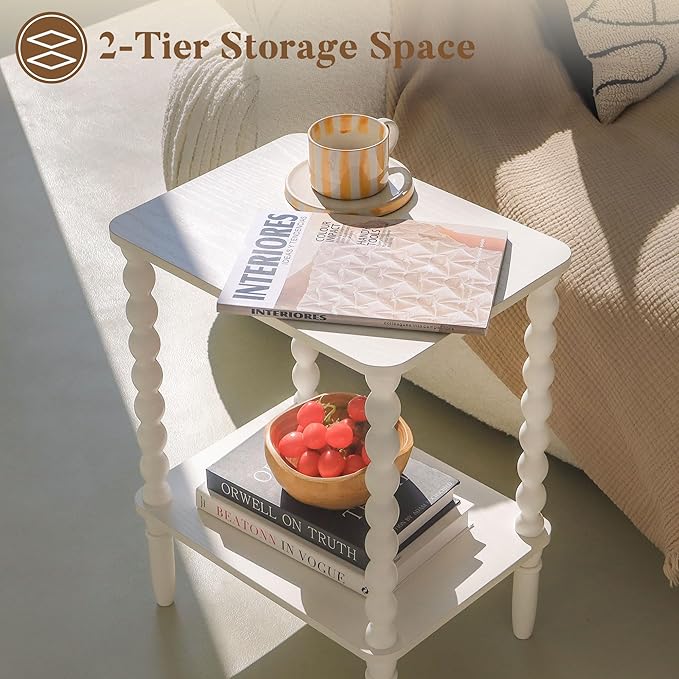 White End Table, Small Side Table with Storage Shelf, 2-Tier Modern NightStand for Bedroom, Living Room, Small Spaces (White)
