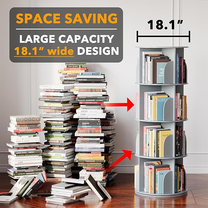 SpaceAid 4 Tier Rotating Bookshelf Tower, Spinning Bookcase Lazy Susan, Revolving 360 Book Shelf Storage Round Carousel, Vertical Rotate Turning Spiral Corner Organizer, Gray