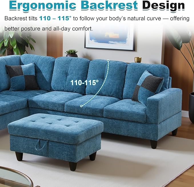 103.5" Oversized Sectional Couch, L Shaped Couch with Storage Ottoman, Modern Modular Sofa with Deep Seat, Sectional Couches for Living Room and Office, Blue (Flannel)