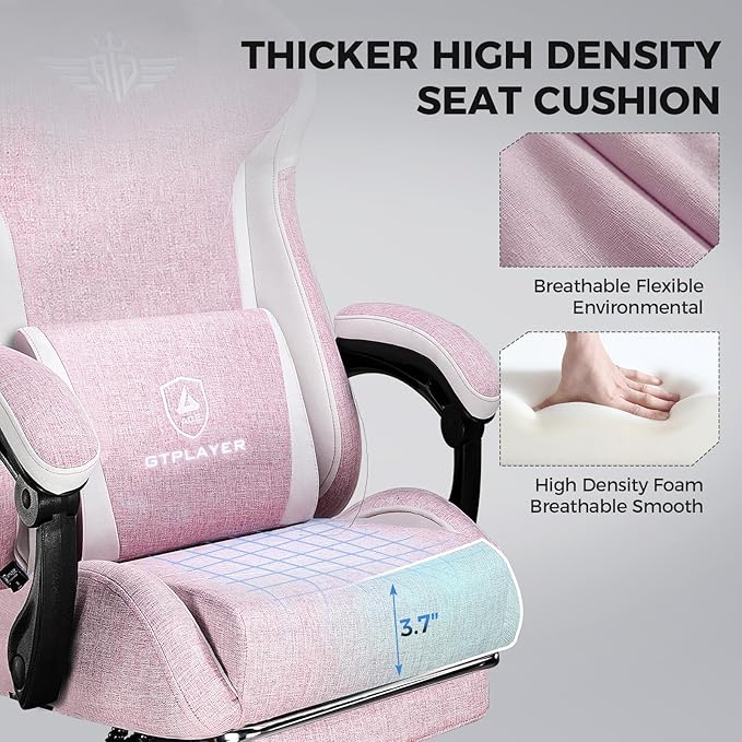 GTPLAYER Gaming Chair with Footrest, Big and Tall Game Chair High Back Computer Office Chair with Lumbar Support for Adults, Ergonomic Swivel Games Chair with Cushion Gaming Black Linen Fabric Pink