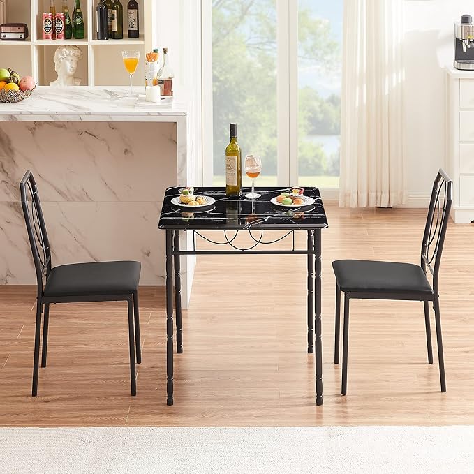VECELO 3 Piece Dining Table Set for 2, Dinette with Chairs for Kitchen, Breakfast Nook, Small Space,Easy Assembly