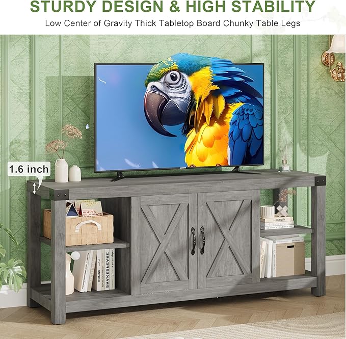 IDEALHOUSE TV Stand for 65 Inch TV, 60 Inch Entertainment Center with Storage, Farmhouse TV Console Table with Shelves,Doors, Modern TV Stand for Living Room, Bedroom - Grey