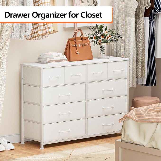 Furnulem Bedroom Dresser White for 55”Long TV Stand Entertainment Center Dressers & Chests of Drawers,10 Storage Fabric Drawer, Sturdy Metal Frame Tall Storage Cabinet for Living Room, Entryway