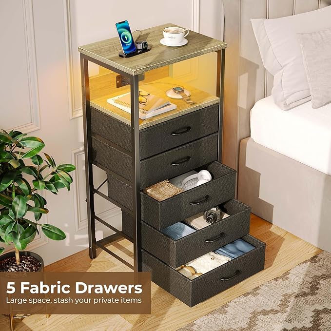 Seventable Night Stand with Charging Station, Tall Nightstand with 5 Fabric Storage Drawers, Side Table with LED Light for Bedroom, Entryway, Greige