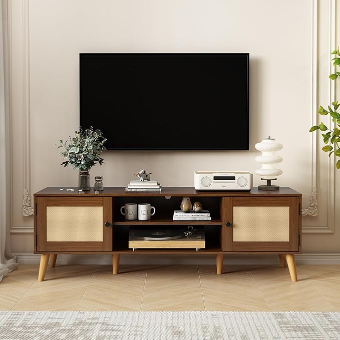 TV Stand for TVs up to 65 inches, Rattan Grain Finish Panel with 2 Storage cabinets, Modern Minimalist Style, Living Room, Audio-Visual Room for Multiple Rooms,3 Colors Available (Walnut)