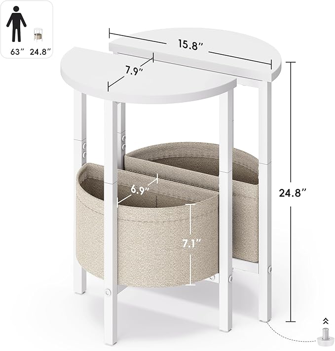 VAGUSICC Small Round Side Table End Table with Storage Basket, Tall Accent Coffee Table Round Nightstand, Set of 2 Half Round Tables Half Moon Tables, Sofa Bedside Table for Living Room Bedroom, White