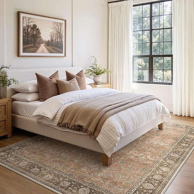10X14 Area Rugs Machine Washable Rugs for Living Room, Vintage Boho Large Rugs for Bedroom Dining Room, Non Slip Indoor Soft Distressed Lightweight Thin Low Pile Carpet, Chestnut