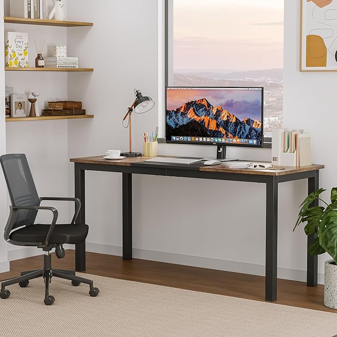 GarveeHome 63 Inch Computer Desk, Modern Office Desk with Metal Frame, Large Gaming Desk, Sturdy Writing Workstation for Study, Home, Office, 23.6" D x 63" W, Black and Brown