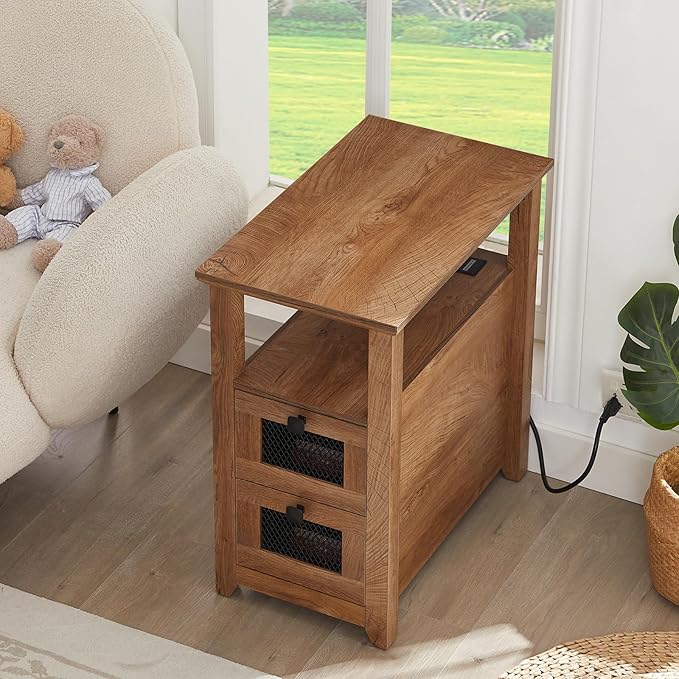 Farmhouse XXL End Table with Charging Station, Narrow Side Table with USB Ports and Outlets, Nightstand with 2 Drawers Storage, Bedside Tables for Living Room, Bedroom, Wooden Color