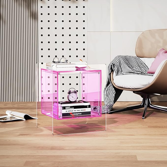 Acrylic Nightstand Colorful Bedside Table with Open Storage Shelf,Clear Side Table for Living Room (1, Pink)