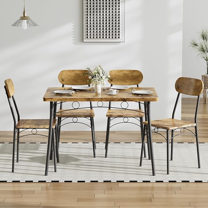 VECELO Dining Table Set for 4, 5-Piece Kitchen Table with 4 Chairs, MDF Board Tabletop with Metal Frame for Small Space, Compact Dinette, Breakfast Nook, Rustic Brown