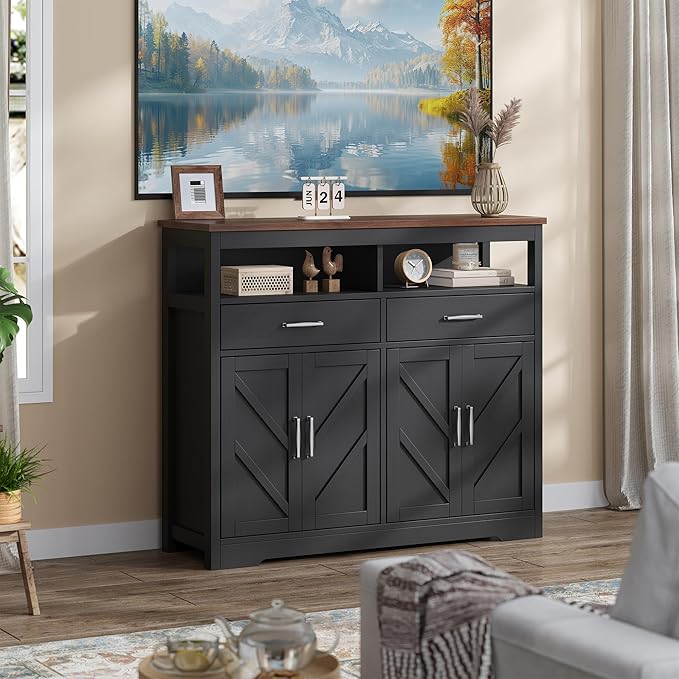Buffet Sideboard with Storage Farmhouse with 4 Doors, 47'' Large Kitchen Storage Cabinet Wood Coffee Bar Cabinet Buffet Table with Shelves for Kitchen, Dining Room, Entryway