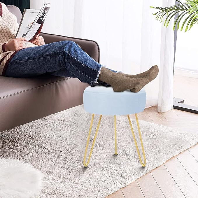 GERANT Multifunctional Vanity Stool - Velvet Footrest Stool-Upholstered Chair Stool -Ottoman Round Modern Dressing Chair - Side Coffee Table Seat with Golden Metal Leg for Living Room (Light Blue)