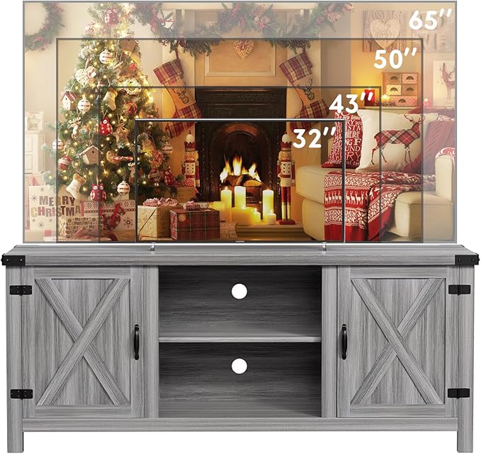 YESHOMY Modern Farmhouse TV Stand with Two Barn Doors and Storage Cabinets for Televisions up to 65+ Inch, Entertainment Center Console Table, Media Furniture for Living Room, 58 Inch, Gray Wash