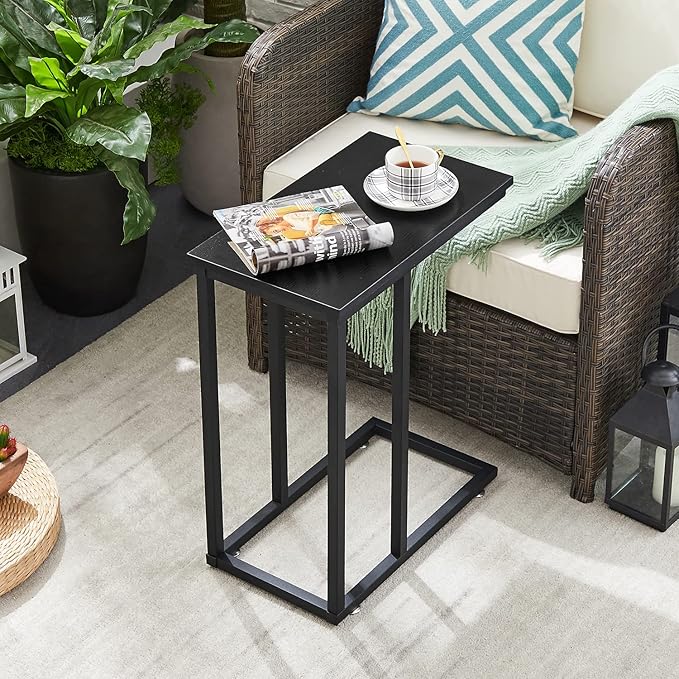 VECELO C Shaped End Side Table for Sofa Couch and Bed Snack TV Tray for Living Room Bedroom, 1 Set, Black
