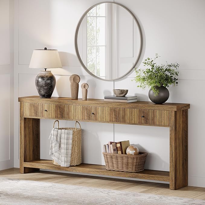 Tribesigns 70.9 inch Console Table with 3 Drawers, Extra Long Entryway Table, Wood Sofa Table Oak Furniture with Open Storage Shelves Wooden Couch Table Foyer Tables for Living Room Hallway Entrance