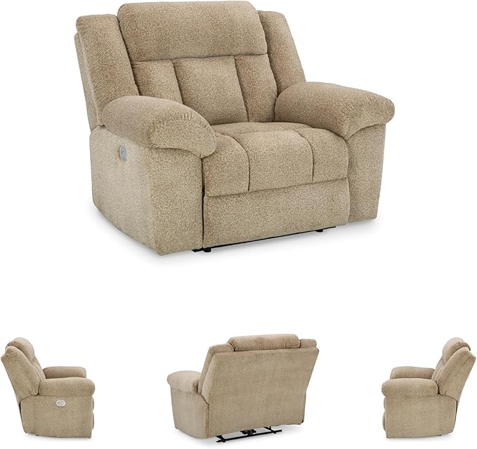 Signature Design by Ashley Tip-Off Classic Wall Hugger Power Recliner with Adjustable Headrest and USB Ports, Light Brown