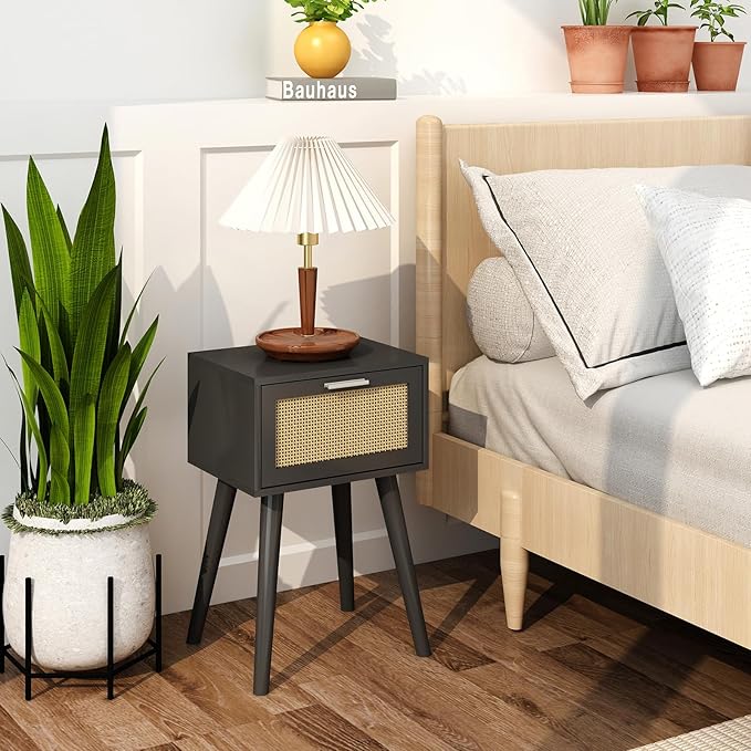 LAATOOREE Nightstand Set of 2, Small End Table with Rattan Door, Bedside Table with Solid Wood Feet, Boho Side Table for Bedroom Living Room Small Space - Black