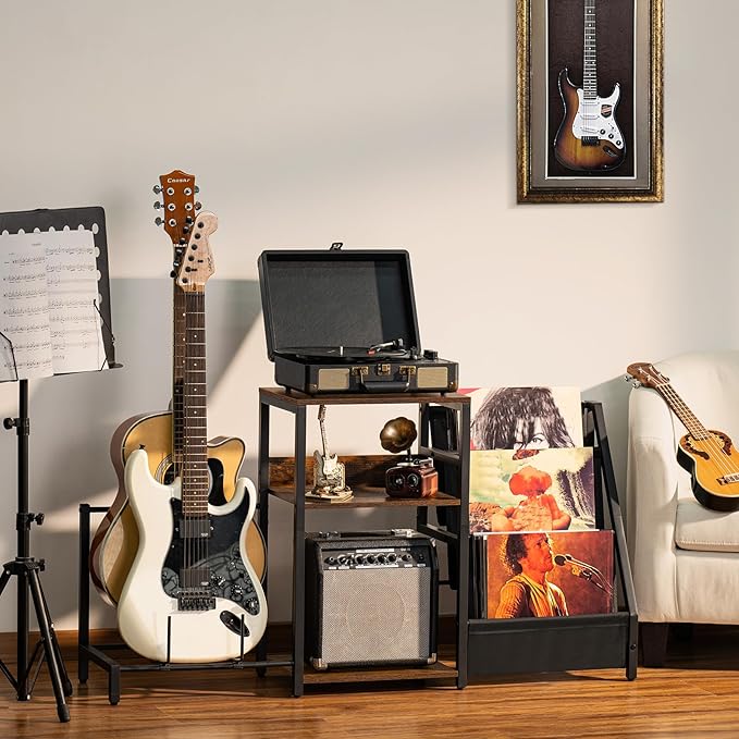 LELELINKY Record Player Stand, Adjustable Guitar Stand for Acoustic Guitar, Electric Guitar, Bass, Turntable Stand with Vinyl Display Shelf Storage Up to 150 Albums,Brown End Table for Music Room