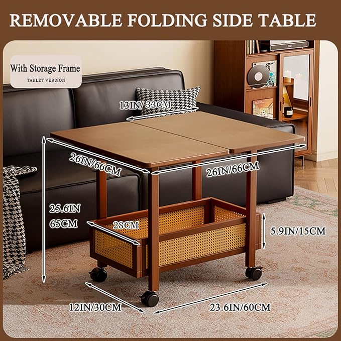 C-Shaped End Table, Sofa Side Table with Rotating Wheels, Rolling End Table with Storage, Small Couch Side Table for Bedroom, Swivel Tray Table for Living Room, Office (Square)