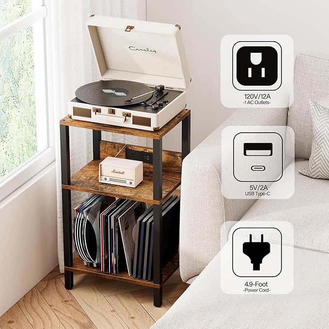TUTOTAK Record Player Stand with Storage Up to 100 Albums，Record Storage Table,3 Tier End Table with Charging Station,Side Table for Living Room, Bedroom, Brown TB01BB076
