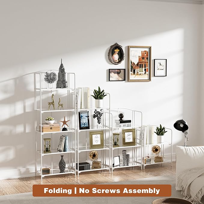 Crofy No Assembly Folding Bookshelf for Living Room, 4 Tier White Collapsible Book Shelf for Home Office, Portable Bookcase Storage Organizer
