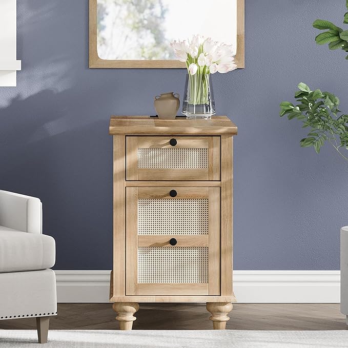 WAMPAT Farmhouse End Table with Charging Station, Rattan Side Table with Drawer & Storage Cabinet, Wooden Oak Nightstand with Power Outlets & USB Ports for Living Room, Bedroom, Burlywood