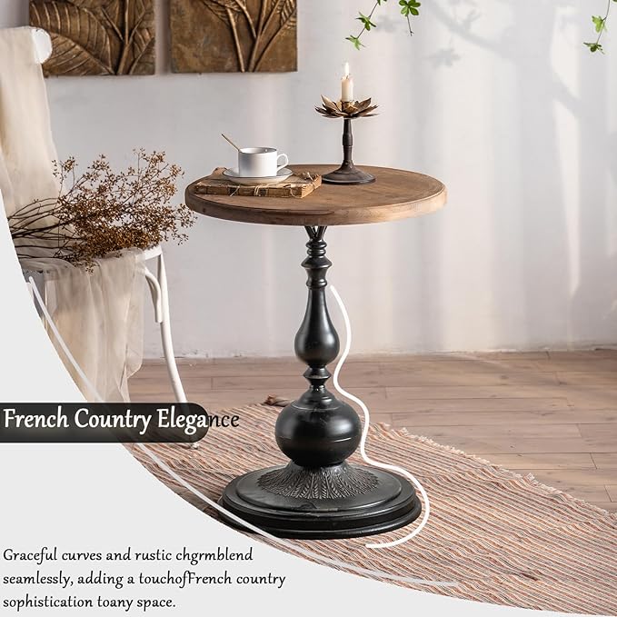 Round End Table Living Room, Vintage Side Table, Farmhouse Pedestal Table for Bedroom, Retro Wood Accent Tables for Home Decor, Patio Black