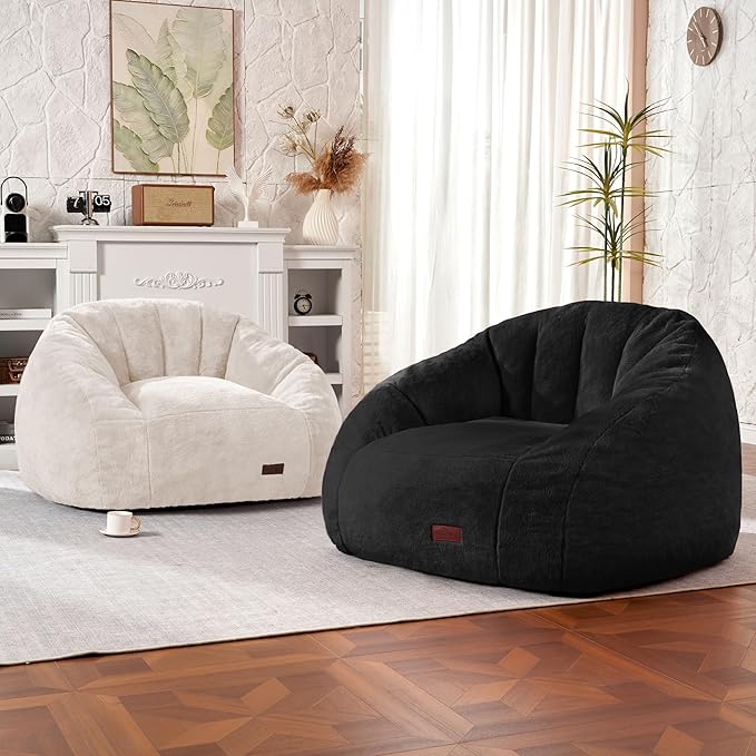 HABUTWAY Bean Bag Chair, Giant Bean Bag Chairs for Adults with Ottoman, Comfy Faux Fur Shell-Shaped Bean Bag Couch, Sofa Chair for Living Room, Bedroom, White