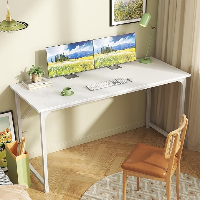 Huuger Computer Desk, 55 Inch Home Office Desk, Gaming Writing Work from Home Study Desk, Large Legroom, Sturdy Metal Frame, Modern Simple, White