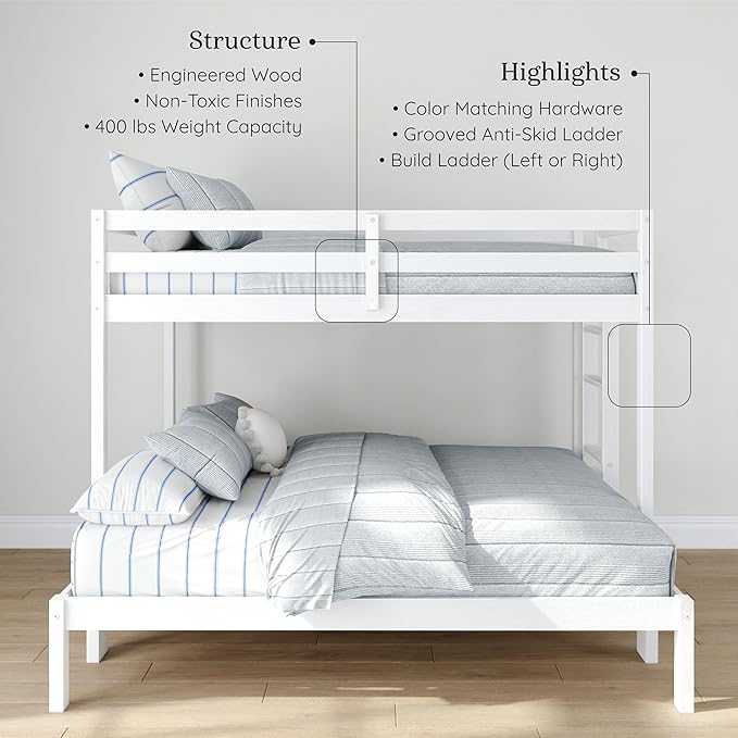 Grain & Grove Bear Twin Over Full Bunk Bed, Sturdy Bunk Bed Frame for Kids, Plywood Bunk with Ladder, Guardrail, and Slats, No Box Spring Required, Brushed White