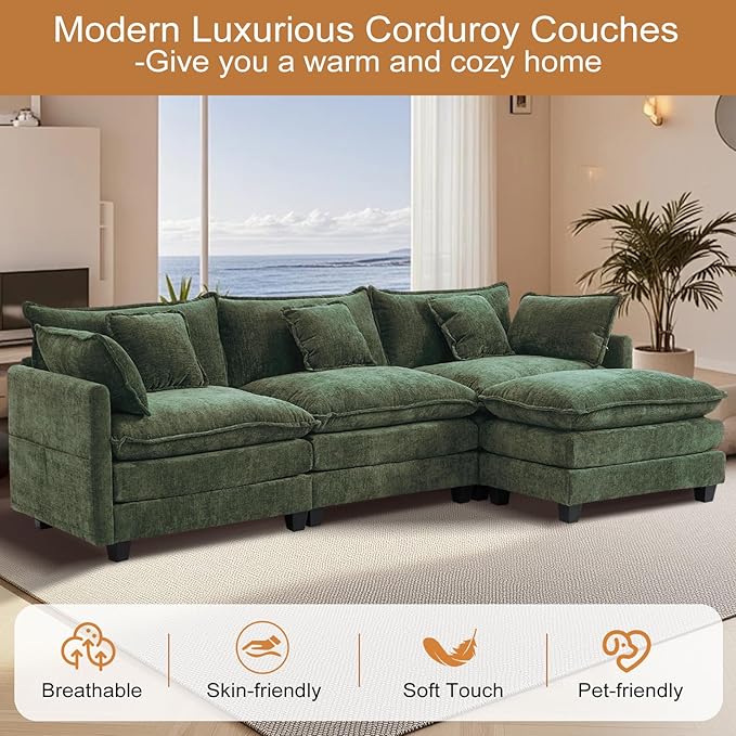 Furniliving 112‘’ L-Shaped Sofa, Luxury Chenille Modular Sectional Couches with Ottoman, Upholstered Deep Seat Sleeper Sofa with Memory Foam and Waist Pillows, Green