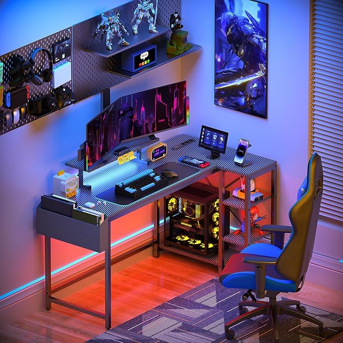 40 inch Gaming Desk with USB Power Outlet and LED Light- Reversible L Shaped Desk with Storage Bag,Computer Desk with Adjustable Monitor Stand& Storage Shelves and CPU Stand,Corner Desk Table