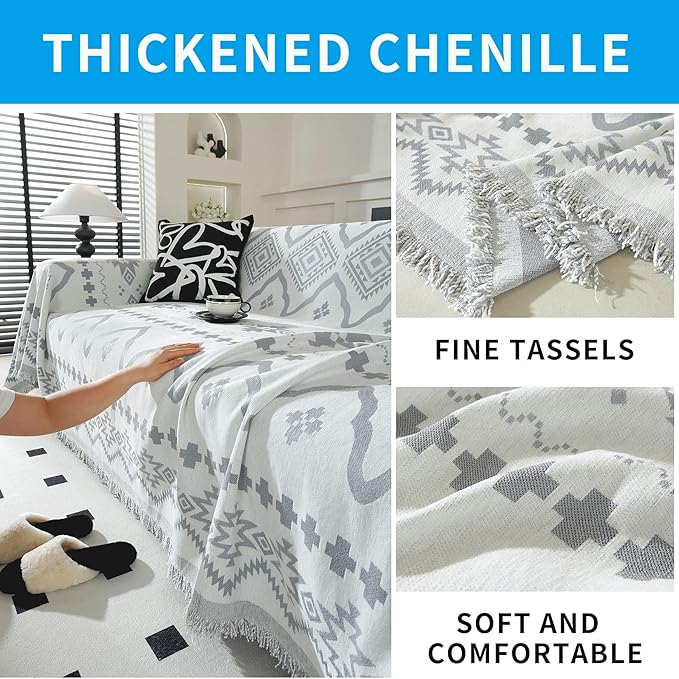 LUFEIJIASHI Boho Couch Covers for Sofa Non Slip Sofa Covers Washable Couch Covers for 3 Cushion Couch Sofa Pet Friendly Sectional Couch Cover Blanket Furniture Protector for Dogs (Grey, 91"x118")