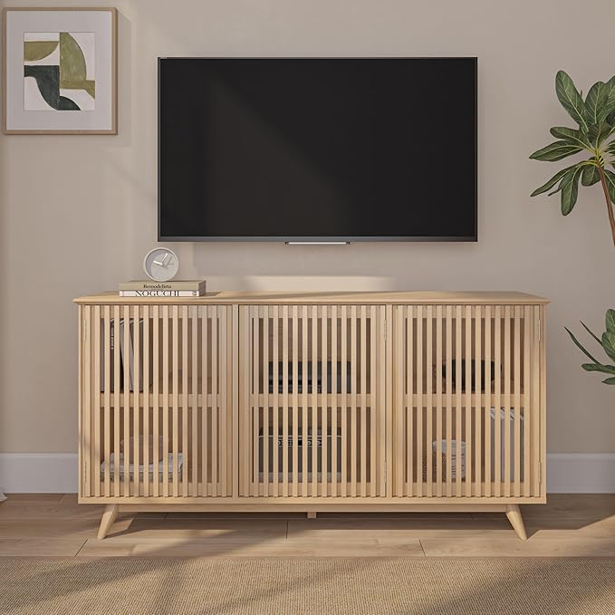 Plank+Beam Mid-Century Modern Wood TV Stand, Three Door Solid Wood Entertainment Console with Storage, 59" L x 16" W x 30" H, Blonde