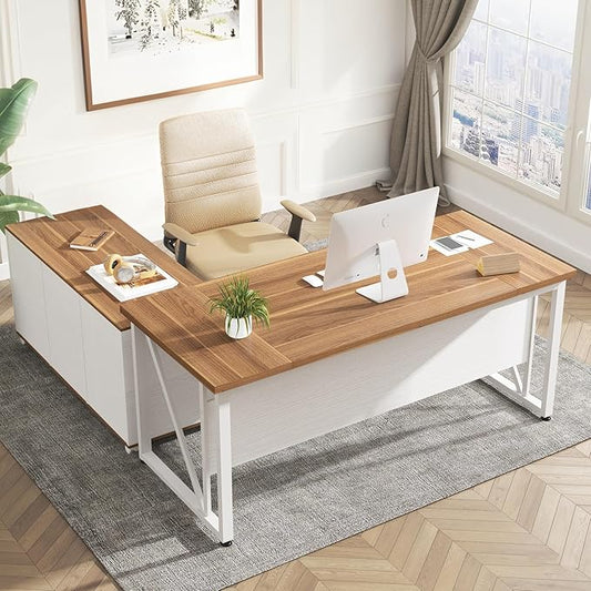 Tribesigns 63-Inch Executive Computer Desk with 47-Inch Lateral File Cabinet, Large Workstation Business Furniture, L Shaped Desk with Drawers and Storage Shelves for Home Office, Walnut & White