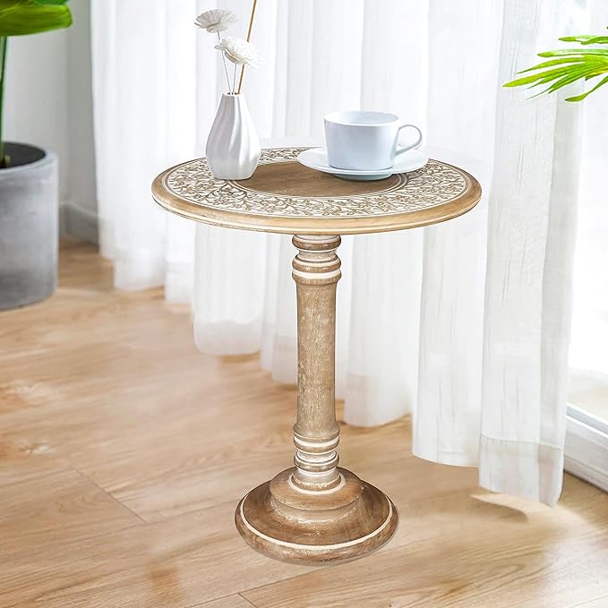 Lightnpro Handcrafted Wooden Single Pillar Table - Small Accent Side End Table, Bedside Nightstand, Entryway, Living Room - Vintage Desk for Books, Plants & Décor - 18x22 Inch, Distressed White