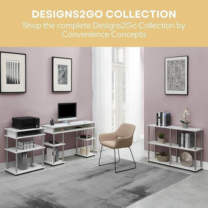 Convenience Concepts Designs2Go No Tools 3 Tier Wide Console Table 42" - Modern Multipurpose Accent with Shelves for TV Media Center, Office Desk Extension, Entryway Display, & Home Storage, White
